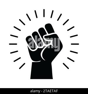 Icona del pugno rialzato simbolo di vittoria, forza e solidarietà. Empower, Courage, strong, power concept. Mano umana in alto nell'aria. Illustrazione vettoriale. Illustrazione Vettoriale