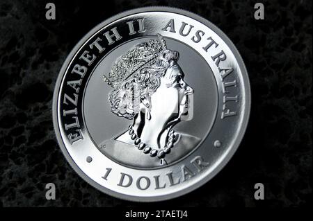 Moneta d'argento pura Australian Investment da 1 dollaro. Immagine della regina Elisabetta II sulla moneta. Foto Stock