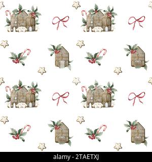 Motivo ad acquerello senza cuciture con biscotti al pan di zenzero, canne caramelle, cotone, holly, rami di pino e fiocco di nastro rosso su sfondo bianco. Natale Wint Foto Stock