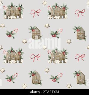 Motivo ad acquerello senza cuciture con biscotti al pan di zenzero, canne caramelle, cotone, holly, rami di pino e fiocco di nastro rosso su sfondo di colore chiaro. Christma Foto Stock