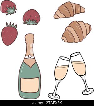 Bottiglia di champagne, due bicchieri con spumante, croissant e fragole. Colazione francese. Illustrazione vettoriale in stile cartone animato Illustrazione Vettoriale