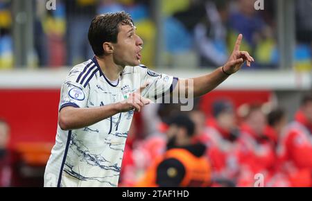 Leverkusen, Deutschland. 20 novembre 2023. Firo: 11/20/2023, calcio, calcio, UEFA Euro 2024, qualificazioni europee, qualificazione EURO, qualificazione EURO 2024, nazionale, internazionale, Ucraina - Italia 0:0 Federico CHIESA, Italia gesto credito: dpa/Alamy Live News Foto Stock