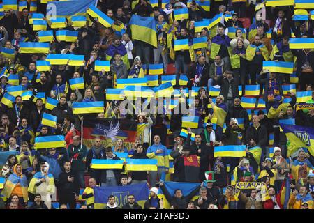 Leverkusen, Deutschland. 20 novembre 2023. Firo: 20 novembre 2023, calcio, calcio, UEFA Euro 2024, qualificazioni europee, qualificazione EURO, qualificazione EURO 2024, nazionale, internazionale, Ucraina - Italia 0:0 fan Ucraina credito: dpa/Alamy Live News Foto Stock