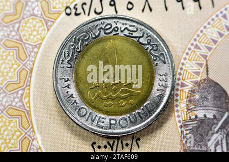 Data e valore inverso di 1 LE EGP egiziana una moneta da sterlina egiziana sulla banconota egiziana, di (giorno della polizia 71 anni) nel memoriale dell'Egitto poli Foto Stock