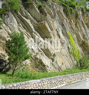 Rete di sicurezza di caduta massi in montagna Foto Stock