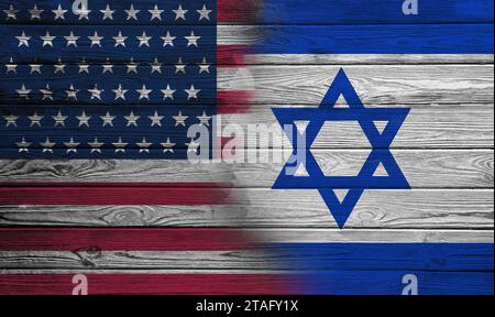 Relazioni internazionali. Bandiere nazionali di Israele e USA dipinte su una superficie di legno, con design striscione Foto Stock