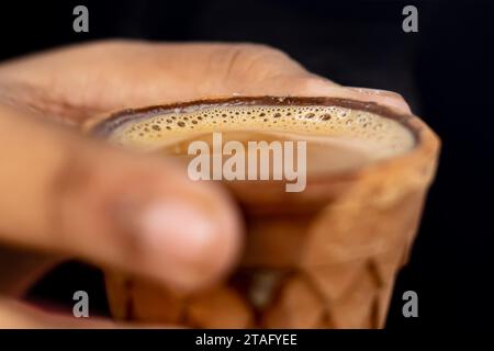 Tè al latte caldo o chai in tradizionale kulhad o pentola di argilla o tazza di pastella tenuta a mano. Questa è una bevanda molto popolare in india. Foto Stock