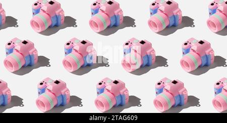 Pattern con fotocamera su sfondo color pastello Foto Stock