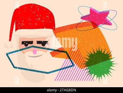 Testa di Babbo Natale risografo con bolla vocale dalle forme geometriche. Oggetti in stile grafico riso alla moda con elementi geometrici. Illustrazione Vettoriale