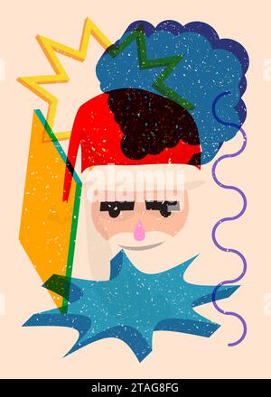 Testa di Babbo Natale risografo con bolla vocale dalle forme geometriche. Oggetti in stile grafico riso alla moda con elementi geometrici. Illustrazione Vettoriale