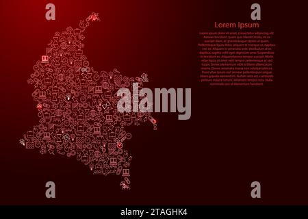 Mappa della Colombia da icone rosse e brillanti pattern set di concetto di analisi SEO o sviluppo, business. Illustrazione vettoriale. Illustrazione Vettoriale