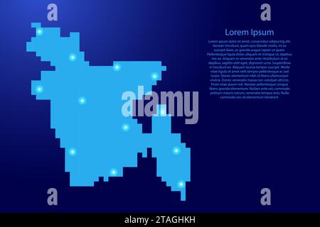 Sagoma della mappa del Bangladesh da pixel quadrati blu e stelle brillanti. Illustrazione vettoriale. Illustrazione Vettoriale