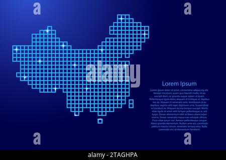 La sagoma della mappa della Cina è composta da quadrati con struttura a mosaico blu e stelle luminose. Illustrazione vettoriale. Illustrazione Vettoriale