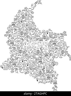 Mappa della Colombia da icone del set di modelli neri di analisi SEO concetto o sviluppo, business. Illustrazione vettoriale. Illustrazione Vettoriale