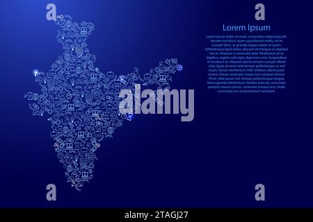 Mappa India da icone blu e brillanti pattern set di concetto di analisi SEO o sviluppo, business. Illustrazione vettoriale. Illustrazione Vettoriale