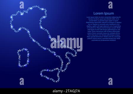 Italia mappa paese lungo il contorno di parole blu inglesi ricorrenti nome di stato e stelle dello spazio splendente Illustrazione Vettoriale