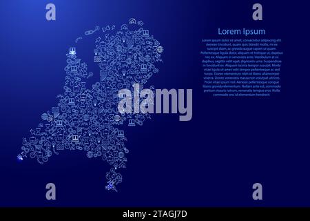 Mappa dei Paesi Bassi da icone blu e brillanti serie di modelli di analisi SEO concetto o sviluppo, business. Illustrazione vettoriale. Illustrazione Vettoriale