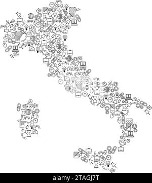 Mappa dell'Italia da icone del set di modelli neri di concetto di analisi SEO o sviluppo, business. Illustrazione vettoriale. Illustrazione Vettoriale