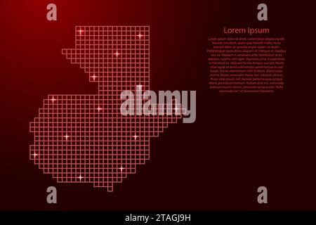 Sagoma della mappa del Guatemala da quadrati con struttura a mosaico rosso e stelle luminose. Illustrazione vettoriale. Illustrazione Vettoriale