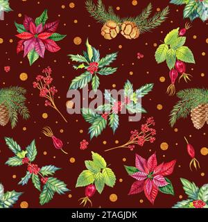 Motivo ad acquerello natalizio senza cuciture. Le piante tradizionali del nuovo anno e le scintillanti origini infinite. Poinsettia e rami di abete fanno da sfondo festivo. Rosso Foto Stock