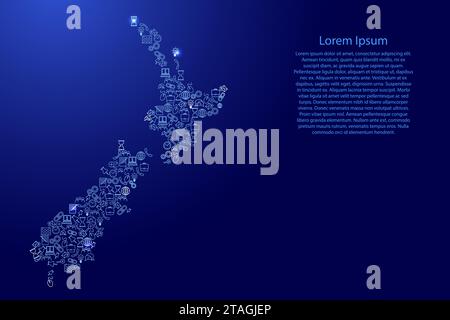 Mappa della nuova Zelanda da icone blu e brillanti serie di modelli di analisi SEO concetto o sviluppo, business. Illustrazione vettoriale. Illustrazione Vettoriale