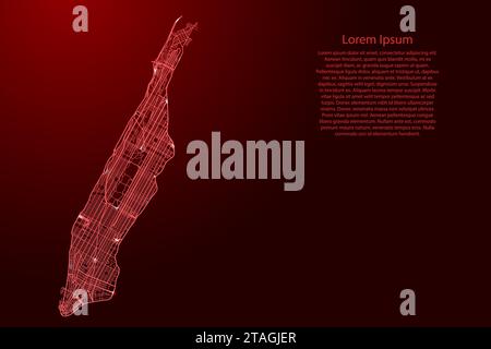 Mappa di Manhattan con linee rosse di strade automobilistiche di diverso spessore e stelle luminose su sfondo scuro. Illustrazione vettoriale. Illustrazione Vettoriale