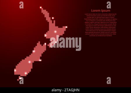 Sagoma della mappa della nuova Zelanda da pixel quadrati rossi e stelle luminose. Illustrazione vettoriale. Illustrazione Vettoriale