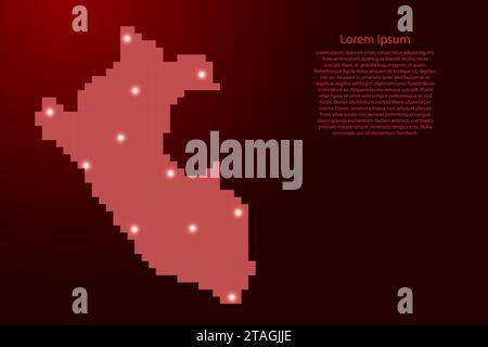 Sagoma della mappa del Perù da pixel quadrati rossi e stelle luminose. Illustrazione vettoriale. Illustrazione Vettoriale