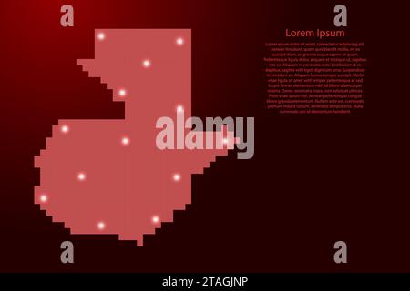 Sagoma della mappa del Guatemala da pixel quadrati rossi e stelle luminose. Illustrazione vettoriale. Illustrazione Vettoriale