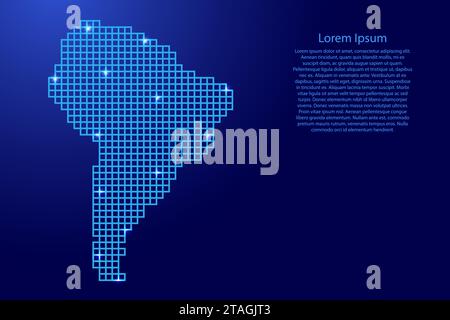 Sagoma della mappa del Sud America da quadrati con struttura a mosaico blu e stelle luminose. Illustrazione vettoriale. Illustrazione Vettoriale