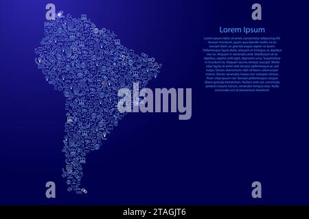 Mappa del Sud America da icone blu e brillanti pattern set di concetto di analisi SEO o sviluppo, business. Illustrazione vettoriale. Illustrazione Vettoriale