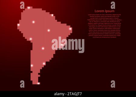 Sagoma della mappa del Sud America da pixel quadrati rossi e stelle brillanti. Illustrazione vettoriale. Illustrazione Vettoriale