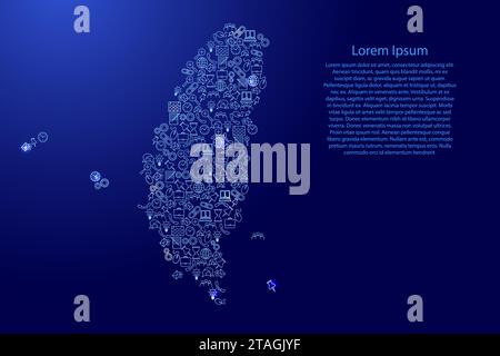 Mappa di Taiwan da icone blu e brillanti pattern set di concetto di analisi SEO o sviluppo, business. Illustrazione vettoriale. Illustrazione Vettoriale