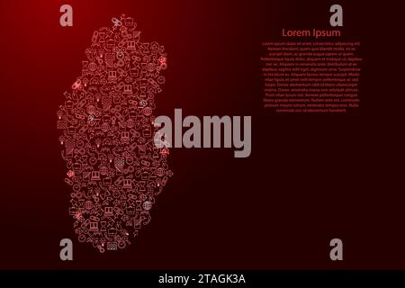 Mappa del Qatar da icone rosse e brillanti pattern set di concetto di analisi SEO o sviluppo, business. Illustrazione vettoriale. Illustrazione Vettoriale