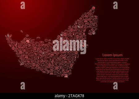 Emirati Arabi Uniti, mappa degli Emirati Arabi Uniti da icone rosse e brillanti pattern set di concetto di analisi SEO o sviluppo, business. Illustrazione vettoriale. Illustrazione Vettoriale