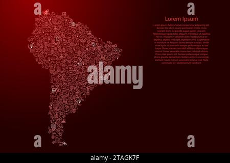 Mappa del Sud America da icone rosse e brillanti pattern set di concetto di analisi SEO o sviluppo, business. Illustrazione vettoriale. Illustrazione Vettoriale