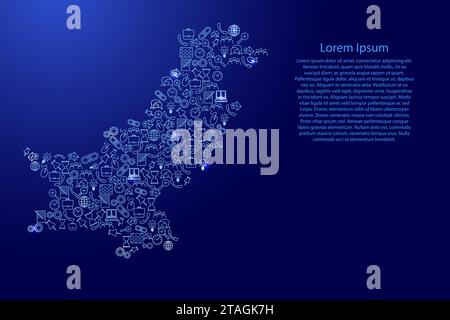 Mappa del Pakistan da icone blu e brillanti serie di modelli di analisi SEO concetto o sviluppo, business. Illustrazione vettoriale. Illustrazione Vettoriale