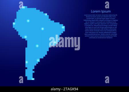 Sagoma della mappa del Sud America da pixel quadrati blu e stelle brillanti. Illustrazione vettoriale. Illustrazione Vettoriale