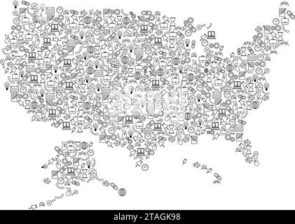 Stati Uniti d'America, USA mappa da icone di serie di modelli neri di concetto di analisi SEO o sviluppo, business. Illustrazione vettoriale. Illustrazione Vettoriale