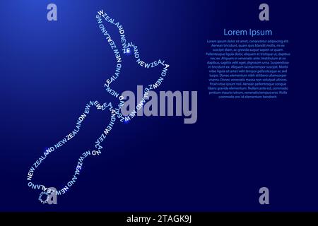 Nuova Zelanda mappa paese lungo il contorno di parole blu inglesi ricorrenti nome di stato e stelle spaziali splendenti Illustrazione Vettoriale