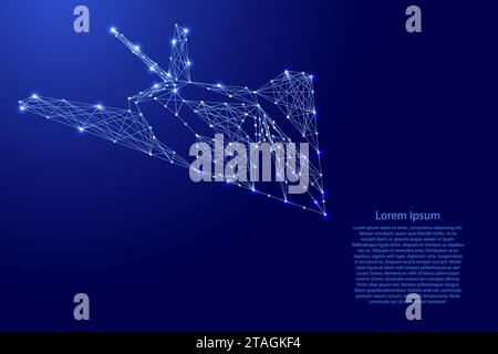 Aerei, combattenti tattici per gli attacchi furtività da futuristiche linee poligonali blu e stelle brillanti per banner, poster, biglietti d'auguri. Concetto di poly basso. Illustrazione Vettoriale