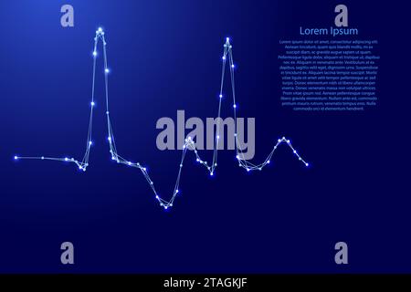 Cardiogramma, sinusoide errata da linee blu poligonali futuristiche e stelle luminose per striscioni, poster, biglietti d'auguri. Illustrazione vettoriale. Illustrazione Vettoriale