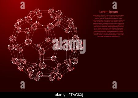 Fullerene, un composto molecolare, struttura da atomi di carbonio, da futuristiche linee poligonali rosse e stelle luminose per striscioni, poster, biglietti d'auguri. Illustrazione Vettoriale