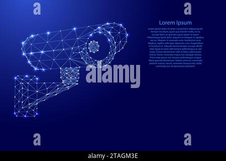 Telecamera mobile CCTV per il controllo della privacy, monitor di pericolo, apparecchiature di avvertimento, da linee blu poligonali futuristiche e stelle luminose per banner, poster, gre Illustrazione Vettoriale
