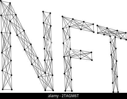 Icona NFT, token non fungibile, lettere in prospettiva, da linee nere poligonali astratte futuristiche e punti. Concetto di poly basso. Illustrazione vettoriale. Illustrazione Vettoriale