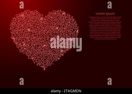 Il cuore è un simbolo d'amore per San Valentino, grazie al motivo rosso all'alfabeto latino alle lettere sparse e alla griglia luminosa delle stelle spaziali. Illustrazione vettoriale. Illustrazione Vettoriale