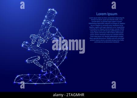 Microscopio, uno strumento scientifico ottico, dalle linee blu poligonali futuristiche e stelle luminose per striscioni, poster, biglietti d'auguri. Illustr. Vettoriale Illustrazione Vettoriale