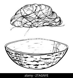 Illustrazione a inchiostro vettoriale disegnata a mano. Pasta lunga cucina italiana spaghetti vermicelli spaghetti in ciotola. Elemento oggetto singolo isolato su bianco. Per Illustrazione Vettoriale