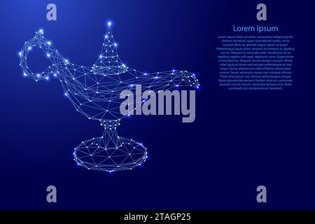 Lampada ad olio, kaganet souvenir, dalle linee blu poligonali futuristiche e stelle luminose per striscioni, poster, biglietti d'auguri. Illustrazione vettoriale. Illustrazione Vettoriale