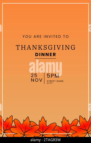 Modello per la celebrazione dell'invito per il giorno del felice ringraziamento. Design vettoriale per banner, volantini, poster, biglietti d'auguri, social media. Sfondo autunnale Illustrazione Vettoriale